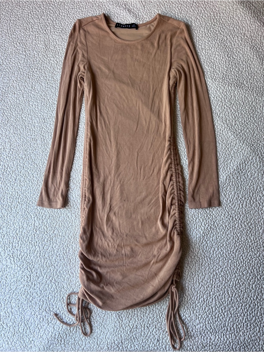 Lioness Military Minds Long Sleeve Mini Dress Camel Tan Bodycon Ruched Sz Medium